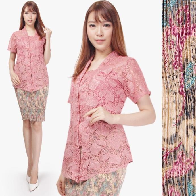 Best Sales Stelan Kebaya Kutu Baru Brukat Lea Kombi Rok Plisket Pendek Wanita Original