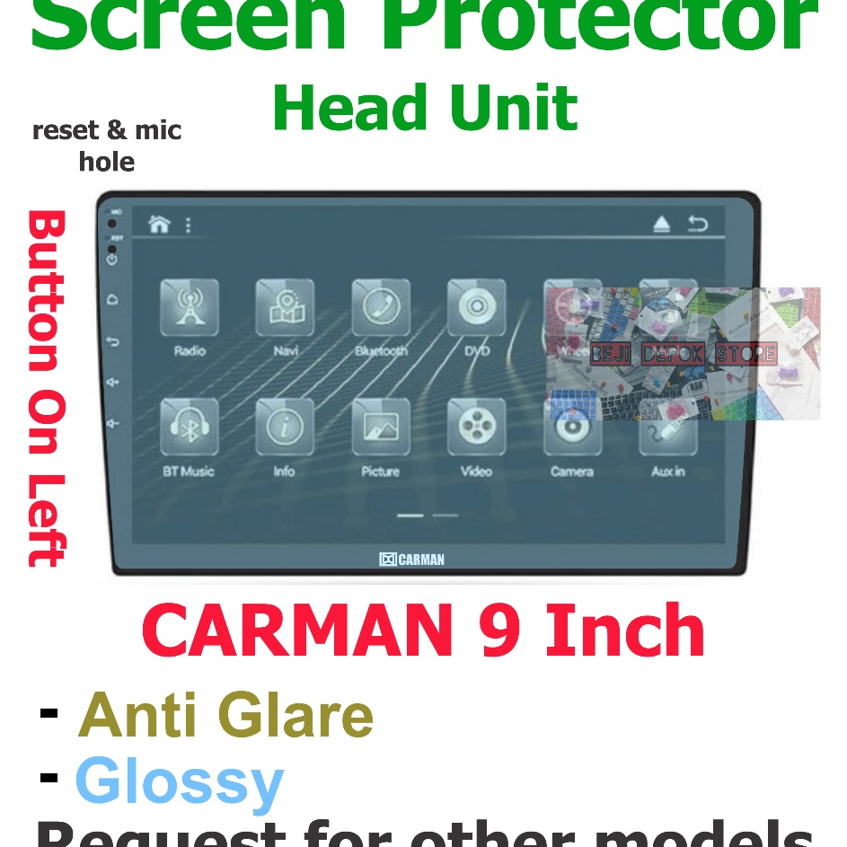 ｀ Carman 9 inch head unit Android Screen Protector Guard Left Button p Special Edition Terkini.