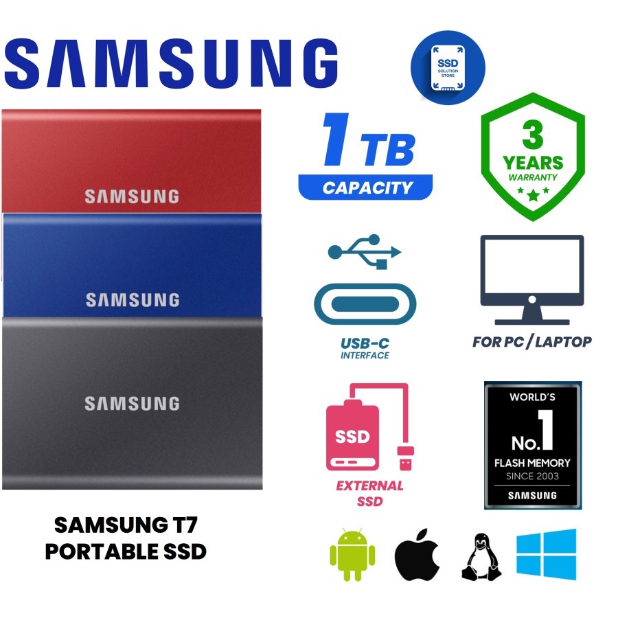 Samsung Portable SSD T7 1TB / External SSD 1TB / 3 years warranty