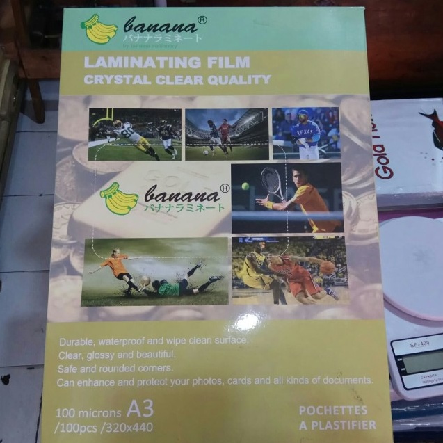 

Diskon!! Plastik Laminating A3 merk Banana 100 microns (1 pak isi 100 pcs)