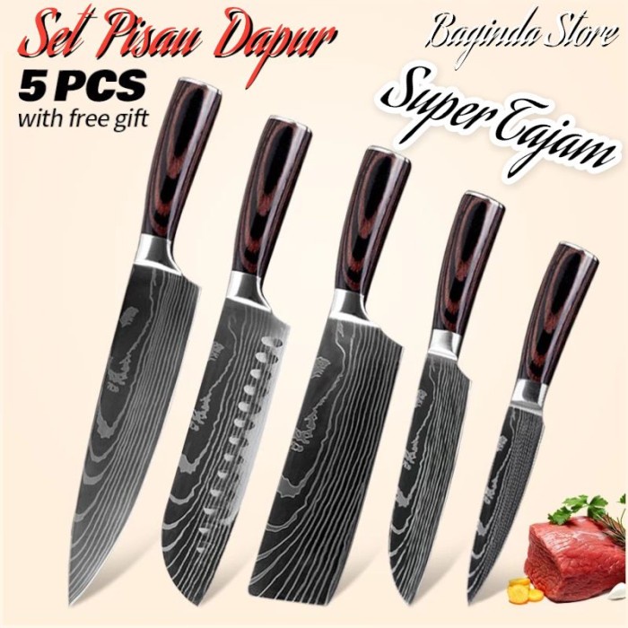 Set Pisau Dapur Baja Damaskus Original Damascus Pisau Daging 5 Pcs