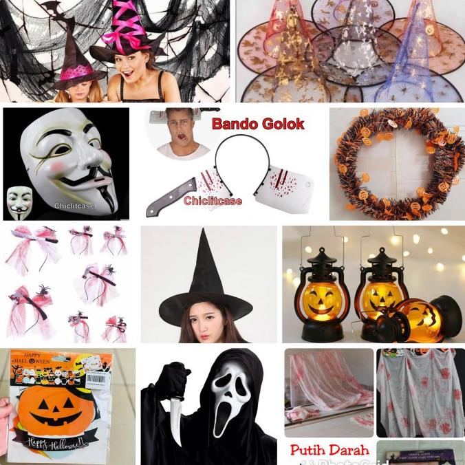 

```````] perlengkapan dekorasi halloween / topeng / bando golok / tirai darah