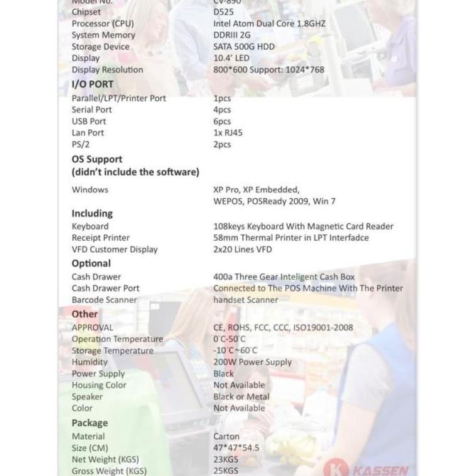 Mesin Kasir All In One Kassen Cv-890 Dengan Drawer & Customer Display