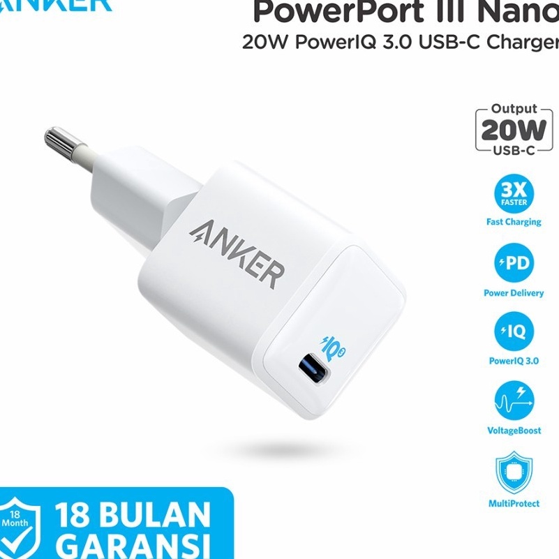 Grosir Adaptor Anker Wall Charger Type C 20W PD iPhone Android PowerPort III Nano
