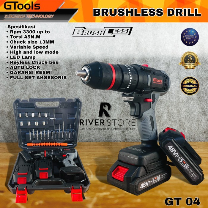 Bor Cordless GTools GT04 Brushless 48V Impact Drill 13MM Fullset Koper