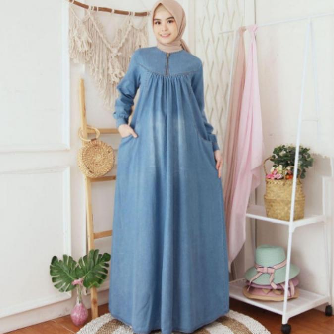Baju Gamis Wanita Jeans Denim Maxi Long Dress Muslim - M, Light Blue