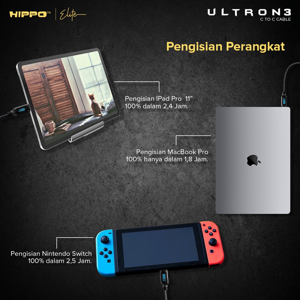 Hippo Kabel Data Super Fast Charging Ultron 3 Type C to Type C 5A 100 W 120 CM Quick Charge 3.0 Quick Charging Data Cable Android Braided Casan Handphone LED Indicator-3