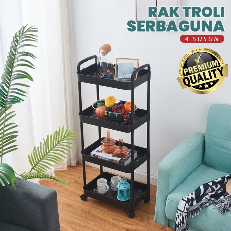Rak Susun Dapur Rak Susun 4 Tingkat Rak Troli Serbaguna Rak Susun Plastik Keranjang Jaring