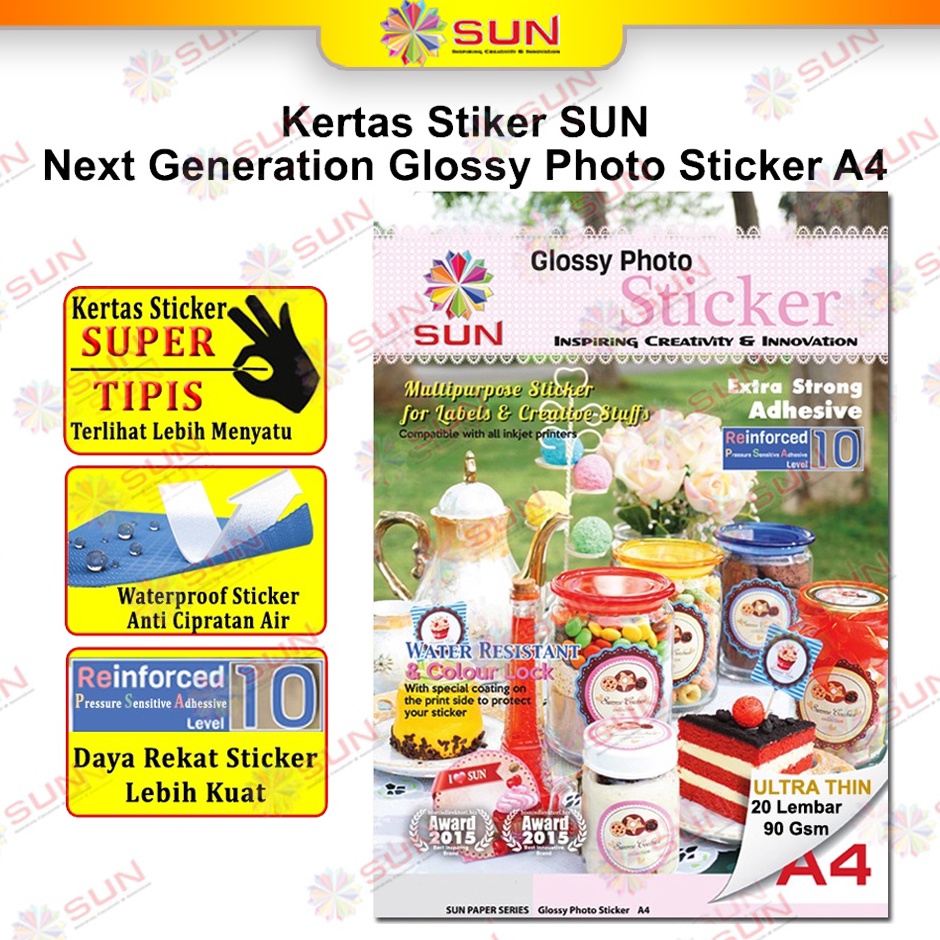 

NSSC3273 Kertas Sticker A4/F4 - SUN NG Glossy Photo Sticker Ultra Thin, 140 Gsm, HVS sticker, Foto Glossy Sticker ( Support printer epson/canon/hp/brother ori (dye ) - 664, 003, 673, 001 )