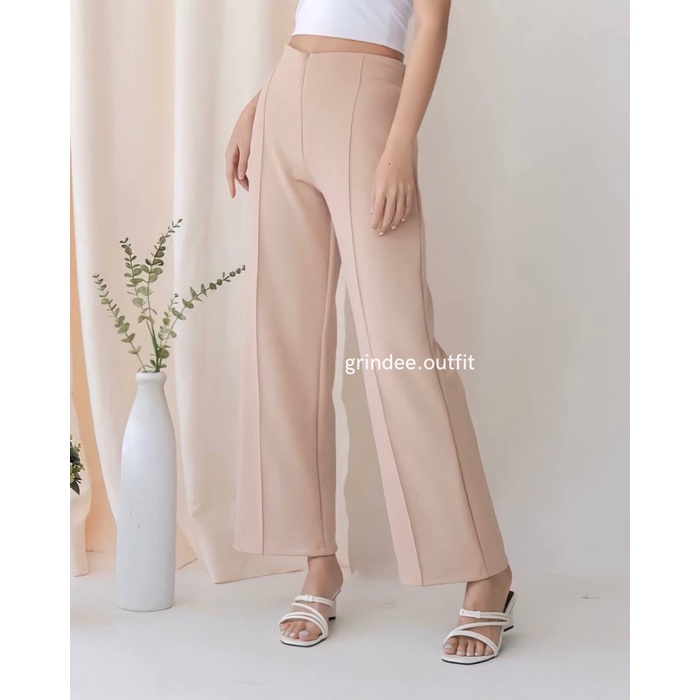 Celana Kulot Wanita High Waist Bahan Scuba Premium Zipper Cream