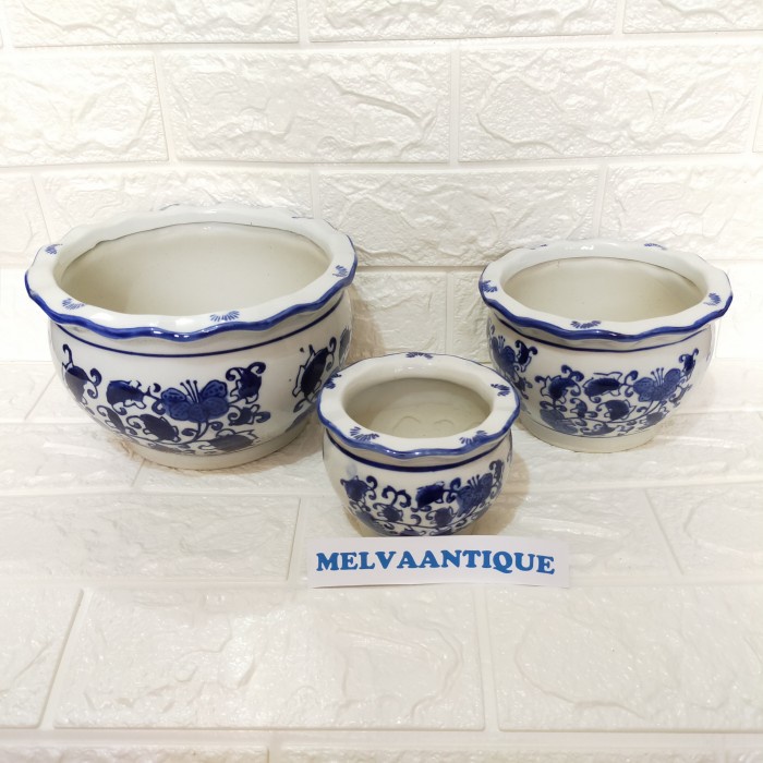 Pot Tanam Keramik Biru Putih Bulat Berkualitas