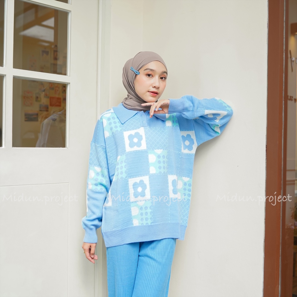 Midun.project - Evelyn Polo Atasan Rajut Wanita Motif Bunga