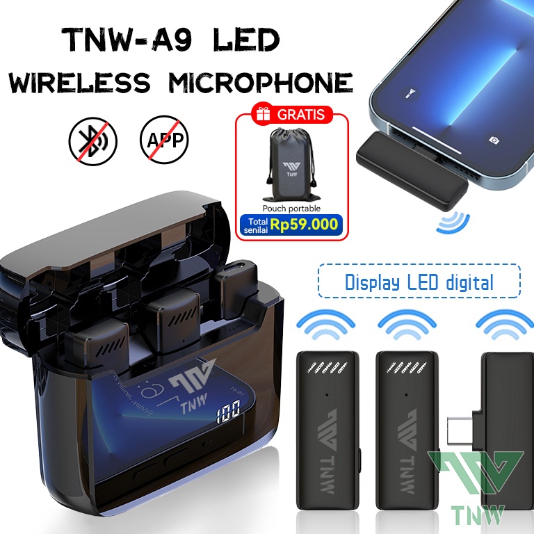 SPECIAL PRICE TNW-A9 Wireless 2 Microphone Dual Mikrofon Youtuber Vlog with Charging Case Clip on Mi