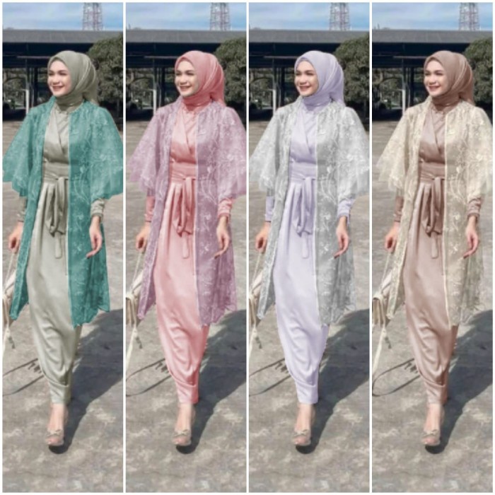 Maxi Dress Brukat Free Set Cardi Cardigan Baju Pesta Kondangan Wanita