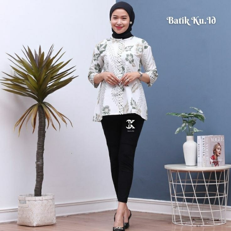 Serba Murah Batik Wanita Modern Lengan Panjang Kancing Depan Blouse Batik Kawung Kombinasi Kain Polo