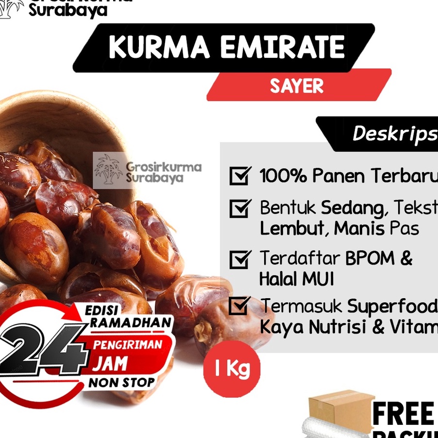 

DISKON BRANDS FESTIVAL Kurma Gold Emirate Sayer 1KG Asli Arab Saudi Premium BPOM Untuk Nabeez Buka Puasa Basah Madu Enak !