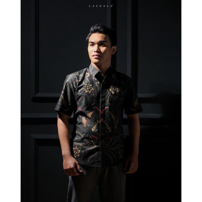 Sale Laskala Batik Premium Slimfit Haikal Hitam Lengan Pendek Kp08A306