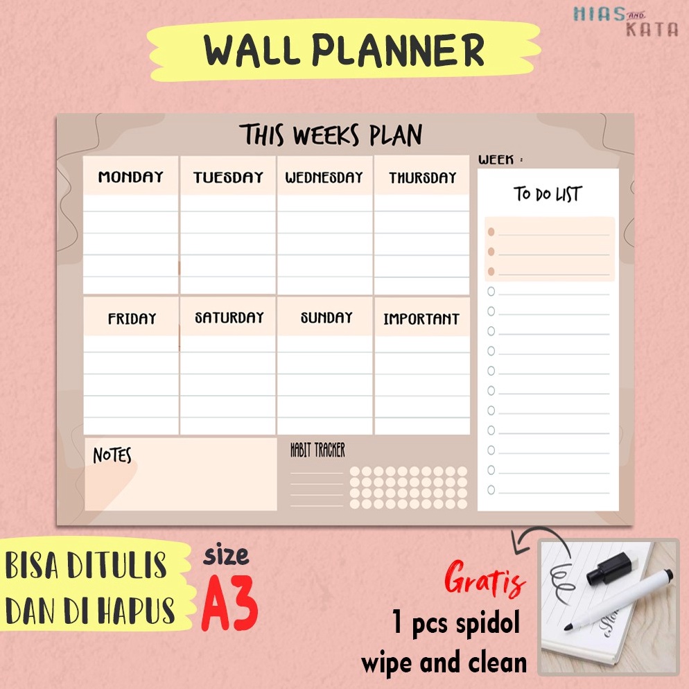 

3.3 MALL Weekly Planner wall Week Plan with Habit Tracker,notes & to do list size A3