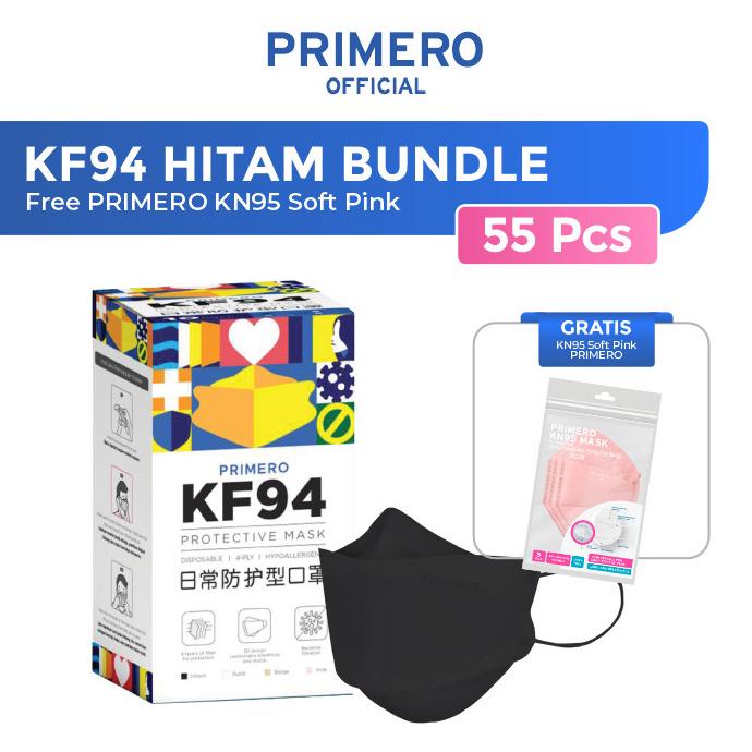 Primero Masker KF94 4Ply Hitam - 1 box isi 50pcs Free KN95 Soft Pink