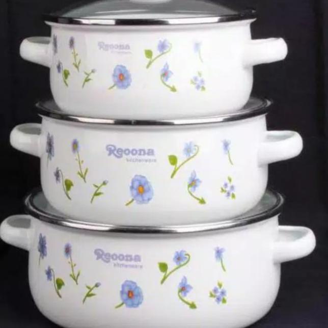 Panci Set Enamel Reoona Susun 3 Tutup Kaca