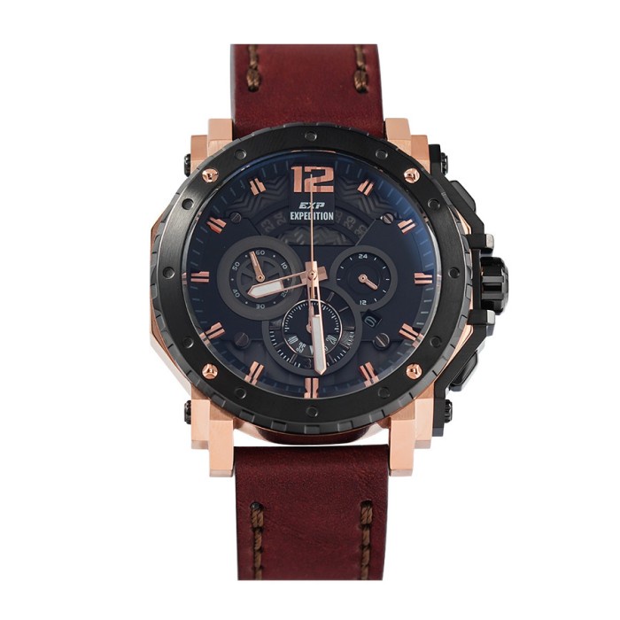 ✅Original Jam Tangan Expedition 6402 Pria Rosegold Black Leather Brown Original Terbatas