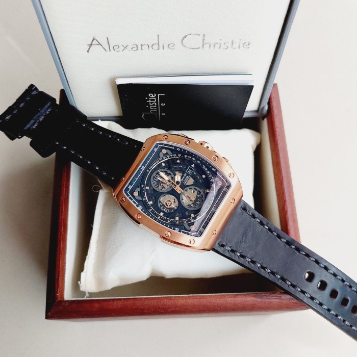 ✅Ori Alexandre Christie Ac6411 Ac 6411Mc Rosegold Leather Black Man Berkualitas