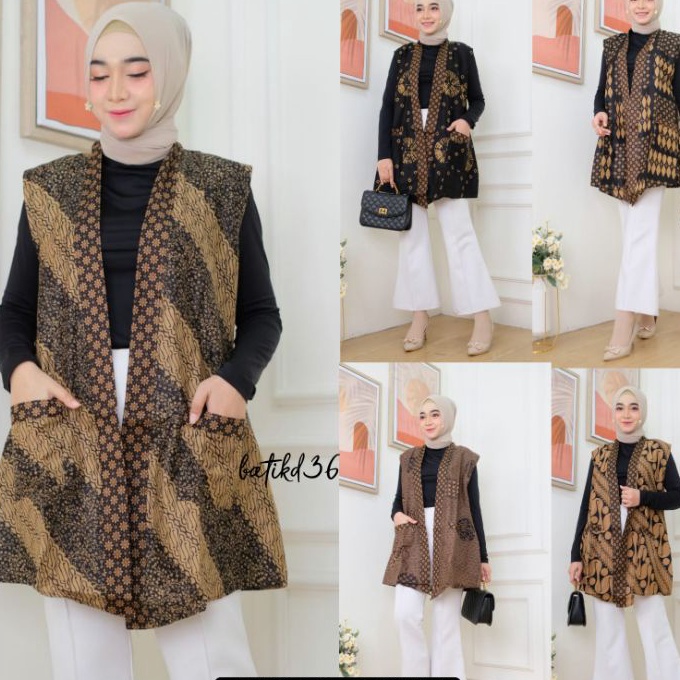 (G92➤) Vest outer saku batik sogan etnik kekinian sogan baju luar wanita seragam kantor kembar santa