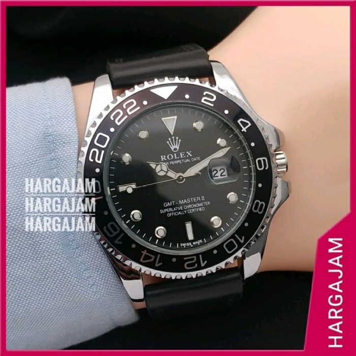 BAYAR DITEMPAT PROMO Jam Tangan Pria Rolex GMT Master II Date Tali Kulit /JAM TANGAN ANTI AIR/JAM