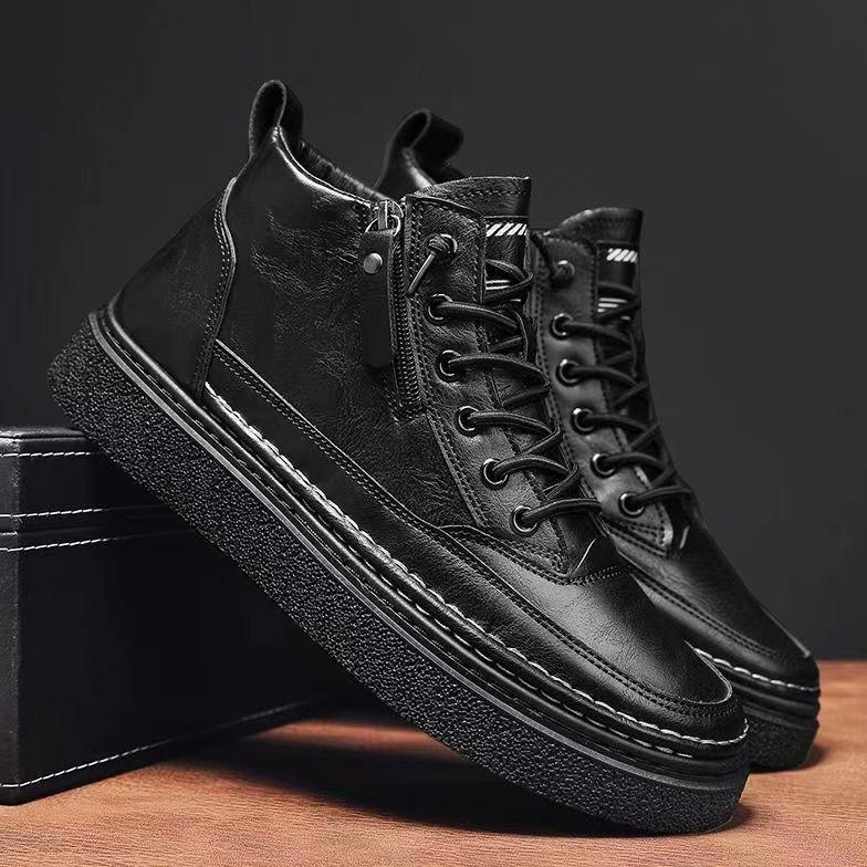 SANGCAKRA Sepatu Kasual Pria Kulit Resleting Samping High-top Martin Boots Gaya Inggris Trendi Retro