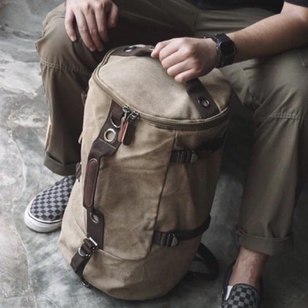 Tas Ransel Pria Kanvas Besar Barrel Tas Traveling Pendakian Gunung