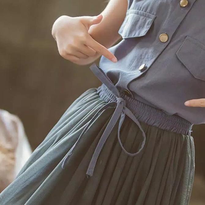 Set Setelan Anak Dress + Rok Plisket Import Elegan Sleeveles + Bowknot