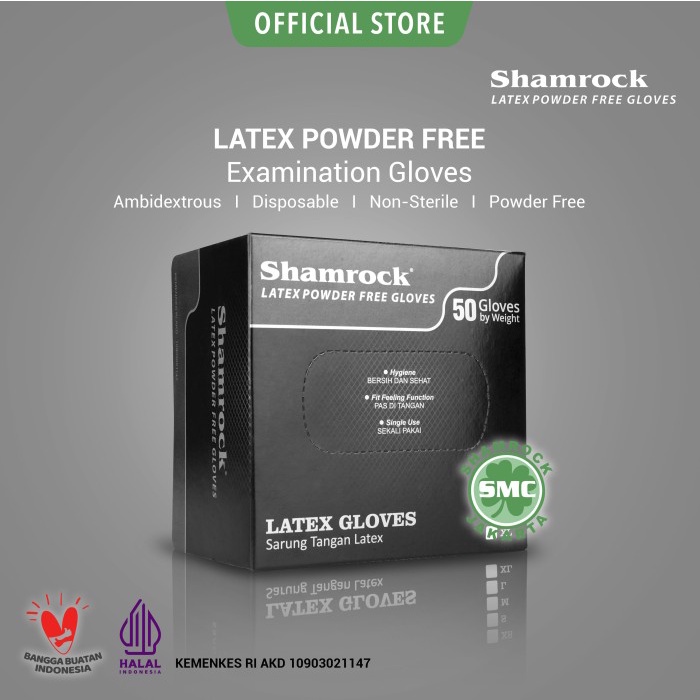 Shamrock Latex Powder Free Gloves Sarung Tangan Karet warna HITAM