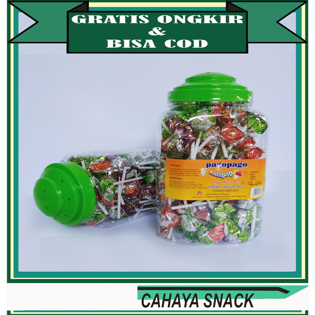 

Permen Pago Pago Lolipop 1 Toples ( Permen Aneka Rasa ) Isi 100 Pcs / Netto 800 Gram