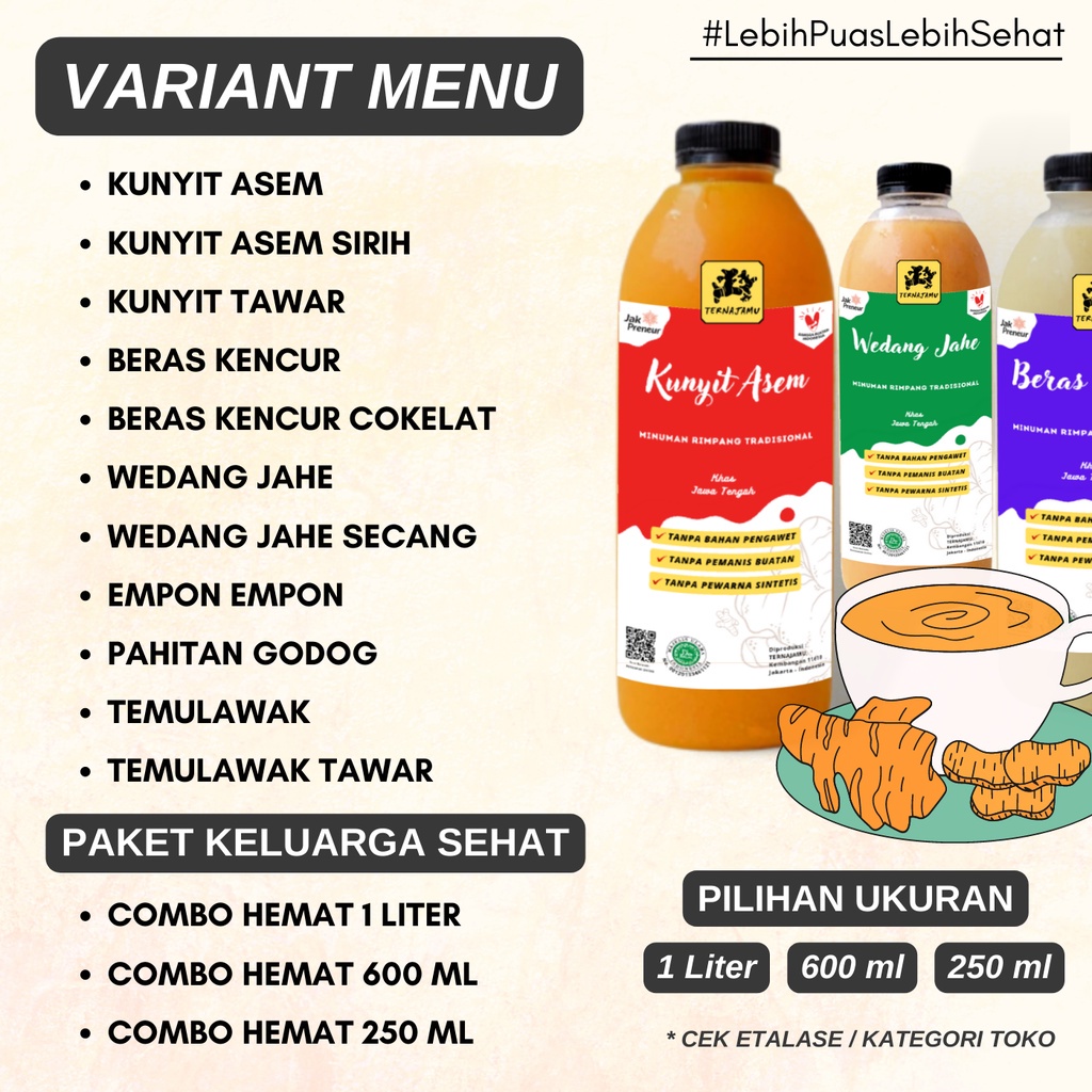 

Jamu Kunyit Asem / Kunyit Asam Sirih / Kunyit Tawar / Pelancar Haid 1 Liter - Ternajamu