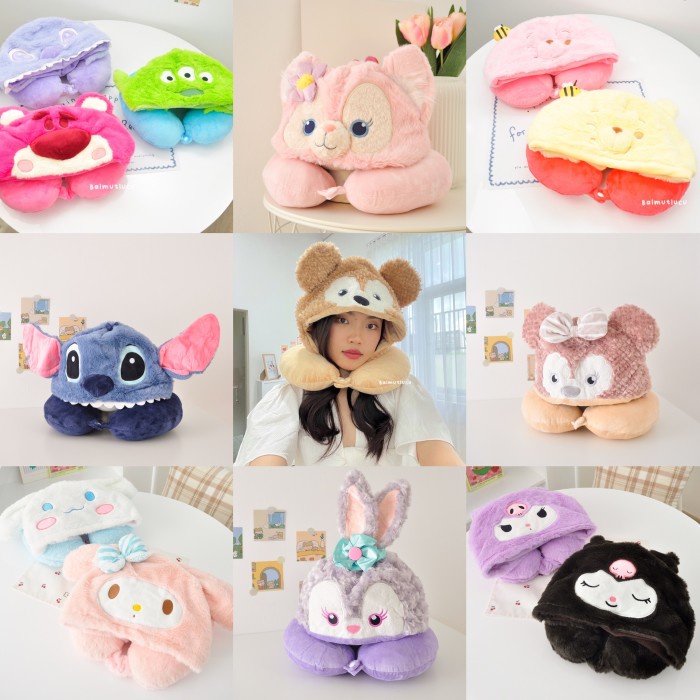 Promo Bantal Leher Hoodie Karakter Disney Sanrio Neck Pillow U-Shaped
