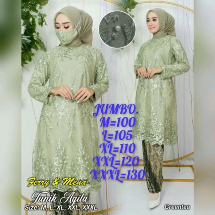 SET Tunik pesta aqila jumbo kebaya brukat hijau sage LD 90 - 130 TO
