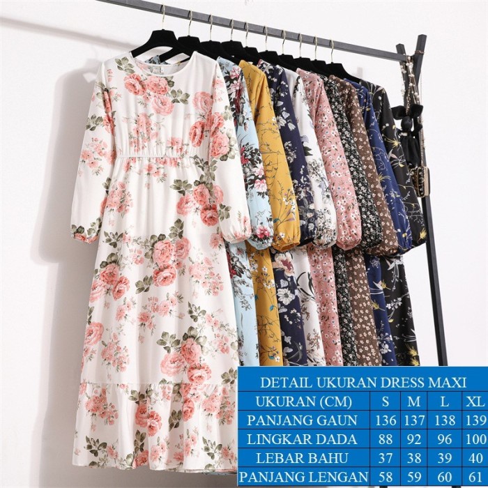 DRESS MAXI KOREA MOTIF BUNGA GAMIS MAXI LENGAN PANJANG