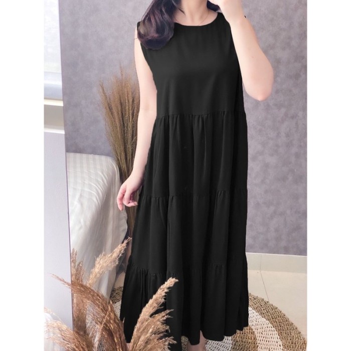 Inner Dress Ruffle Long Tanpa Lengan Flowy Midi Sleeveless Tunik