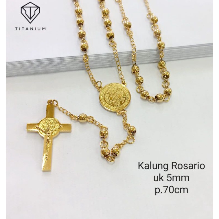 Kalung Rosario Santo Benedictus Titanium Asli Warna Emas dan Silver