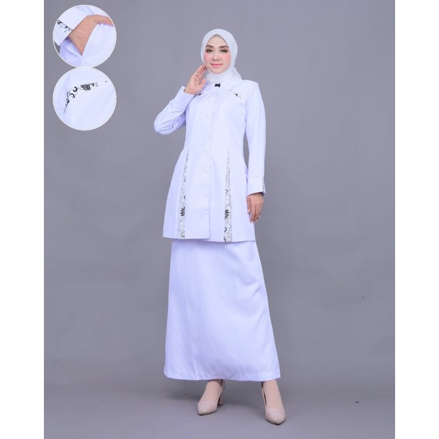 BAJU DINAS PERAWAT WANITA TUNIK PUTIH PUTIH KOMBINASI BATIK BELAH SETELAN ROK A/ROK SPAN/CELANA PANJ