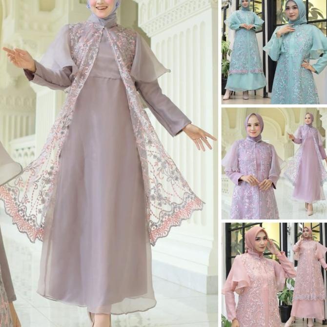 Ready Maxi Dress Wanita Gamis Outer Midi Organza Panjang Cardi Brukat Veet Stok Terbatas