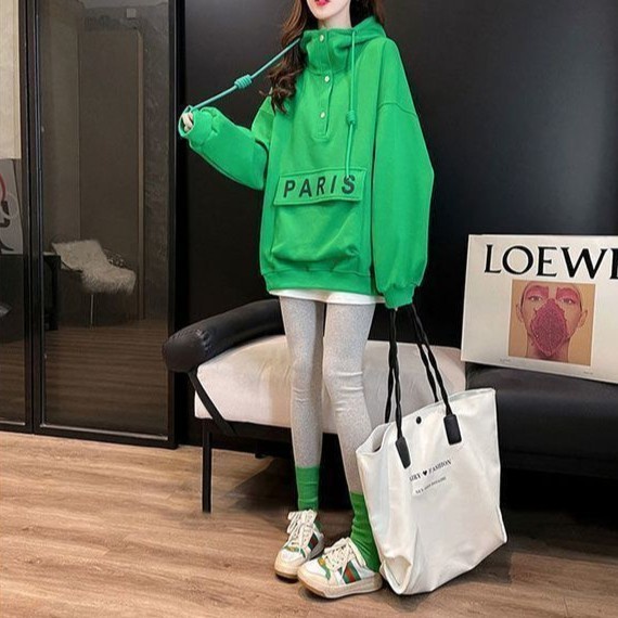 Sweater Atasan Wanita Fleece Green Kancing Depan Oversize