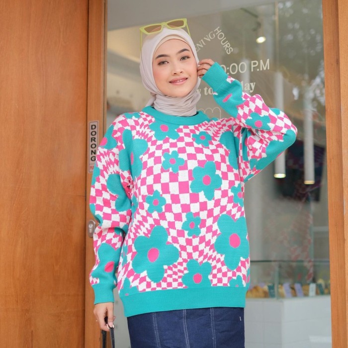 Sweater Rajut Wanita Nova Oversize Motif Bunga Premium