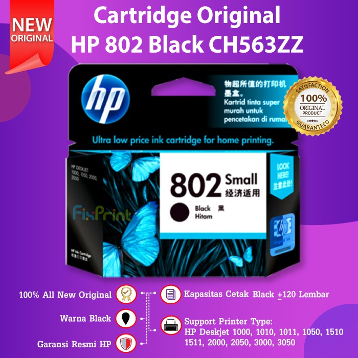 Hp 802 Black Ch563Zz Cartridge Tinta Printer Deskjet 1000 1010 1050 Ready