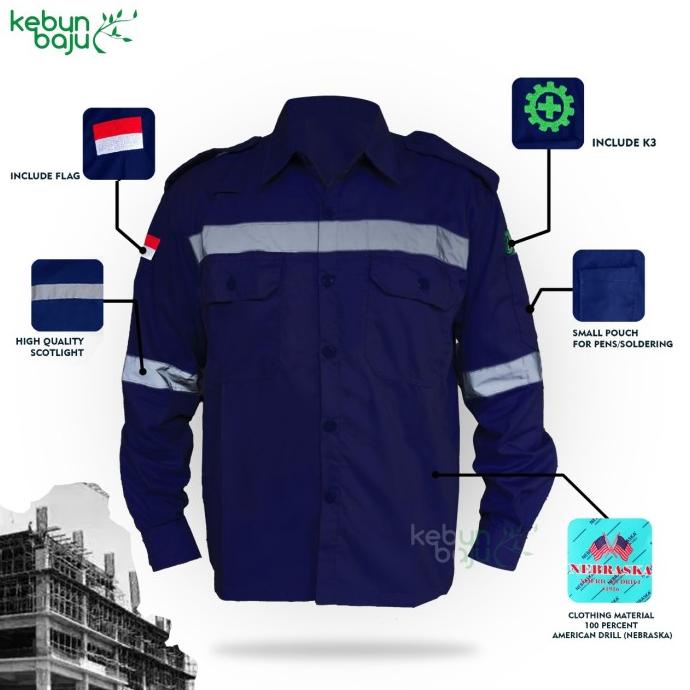 kemeja Safety lengan panjang US.Drill wearpack kemeja Proyek Biru Navy