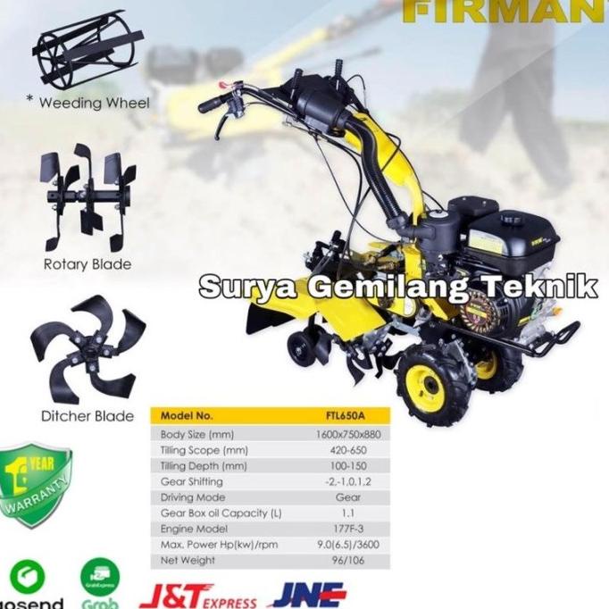 Cultivator Tiller Firman Ftl600A Mesin Traktor Tiller Bajak Tanah