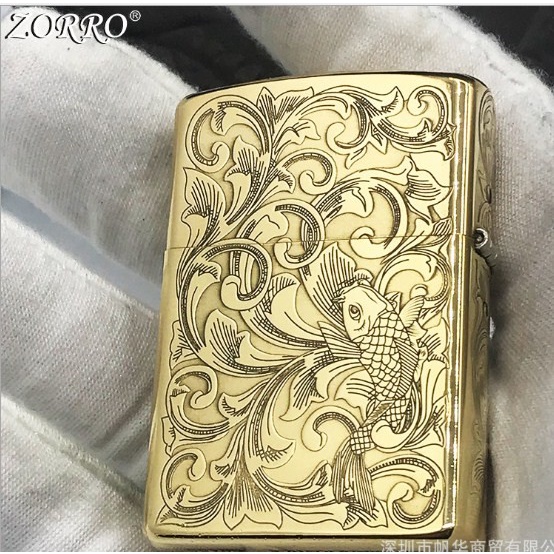 ✨Baru Zorro Korek Tang Grass Carp Kerosene Lighter Pure Copper Carved Retro Berkualitas
