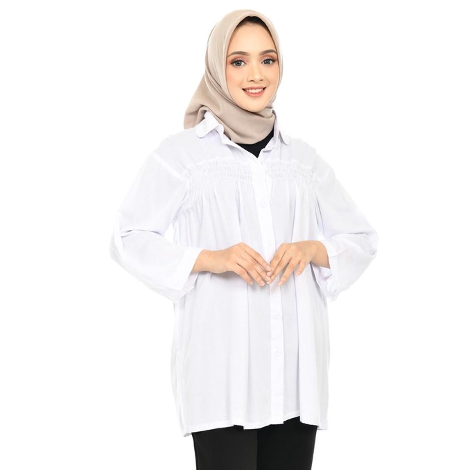 Kemeja Putih Jumbo Katun Rayon, Atasan Wanita Polos Kode 1452