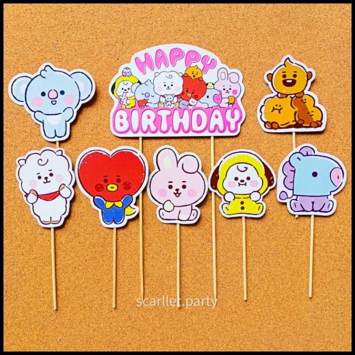 TERBARU TOPPER CAKE HAPPY BIRTHDAY BT21 BTS DEKORASI ULTAH TUSUKAN KUE HIASAN 