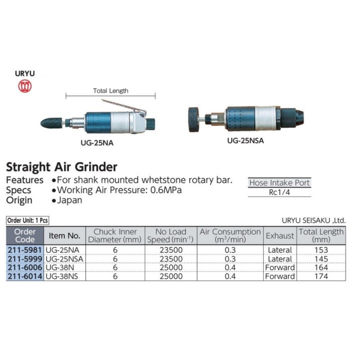 ✅New Air Straight Die Grinder Roll Type Uryu Ug-38Ns Bisa Sameday